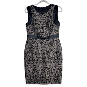 Jones‎ New York Dress Womens 8 Black Taupe Sheath Sleeveless Jacquard Satin Trim
